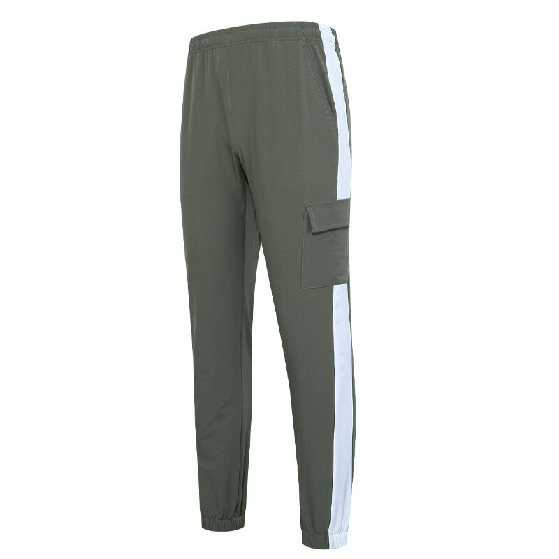 Casual sports pants for men, green with large side pockets, elastic waistband, made of breathable 100% polyester for exercise comfort.